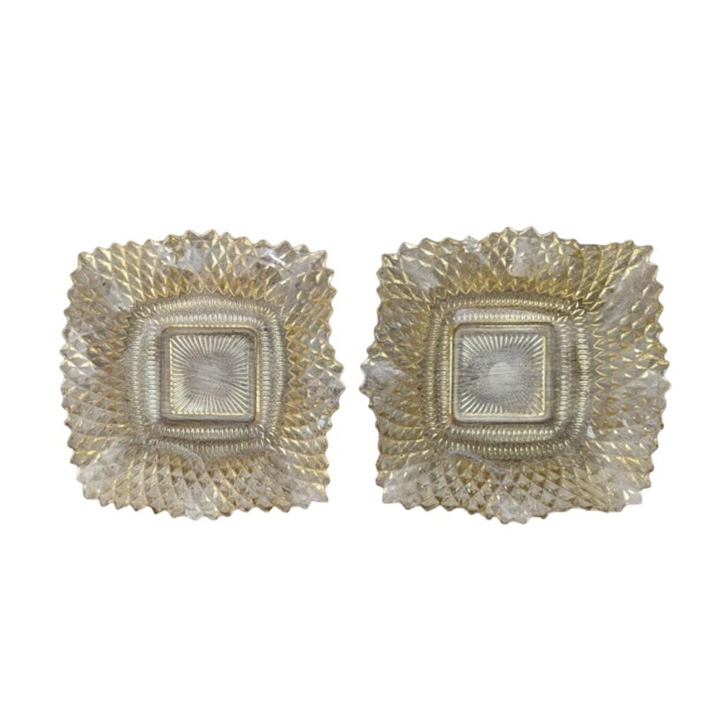 Set of 2 Vintage / Antique Fedral Glass Diamond Cut  7 x 7 Ashtray / Candy Dish
